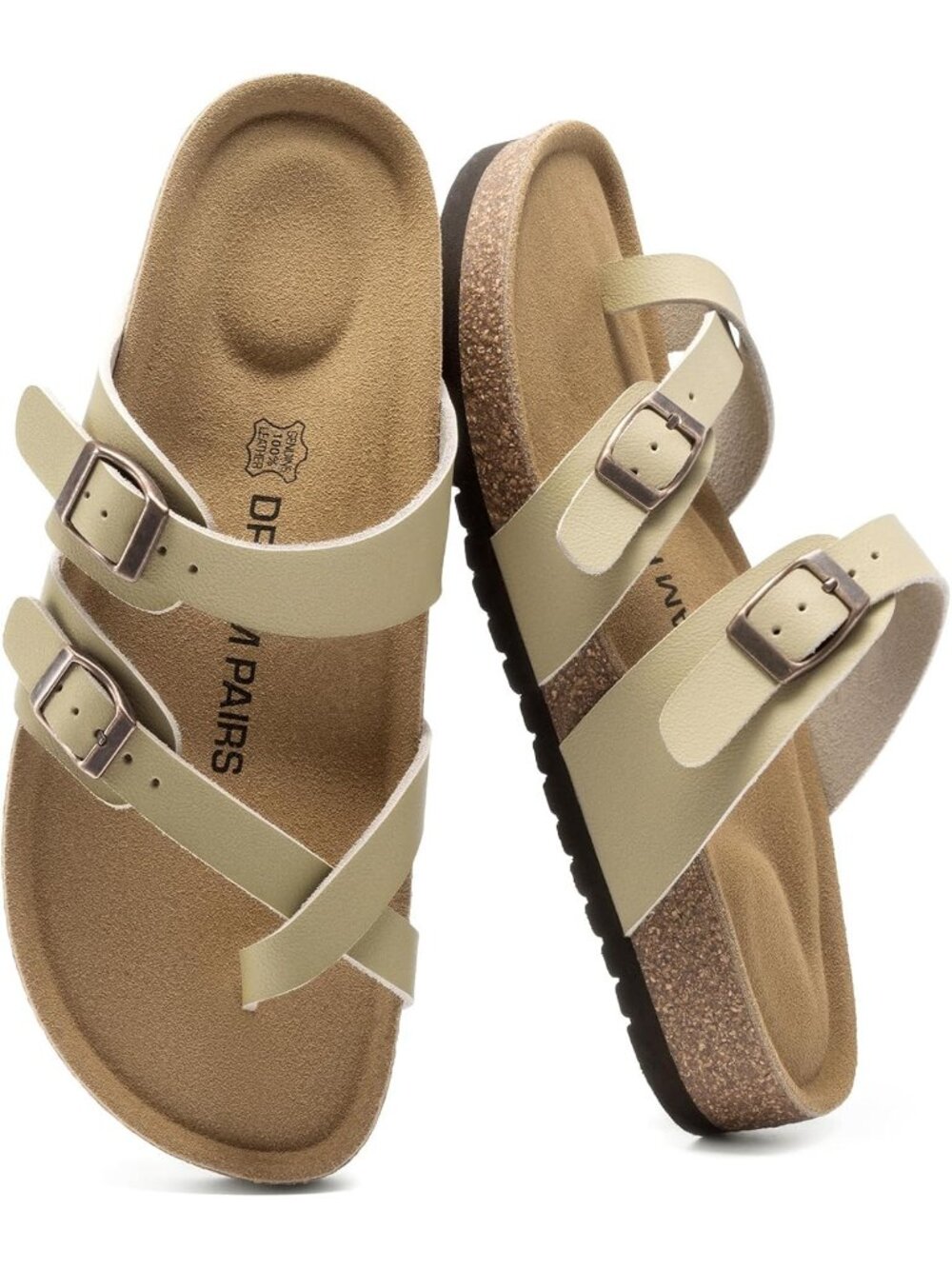 Dream Pairs Women's Beige Open Toe Leather Cork Adjustable Strap Footbed Sandals
